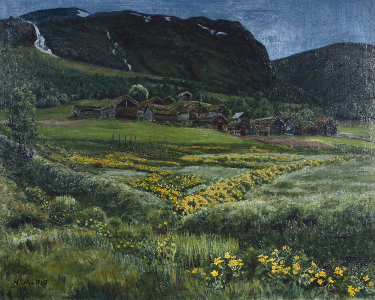 Noche de junio y antiguo patio del oeste de Noruega (óleo sobre lienzo) de Nikolai Astrup