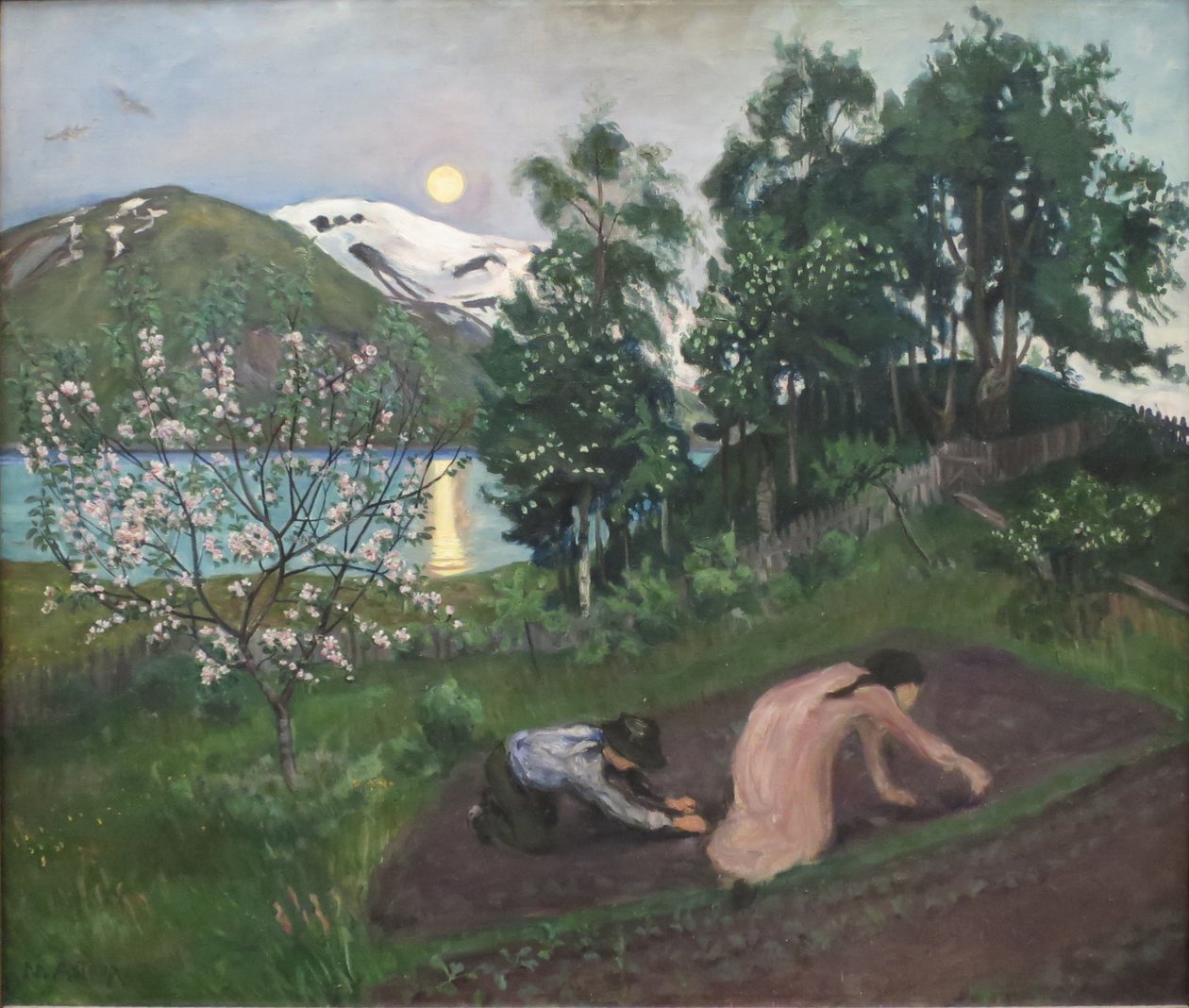 Bokmål noruego:  Vårnatt i hagen Noche en primavera de Nikolai Astrup