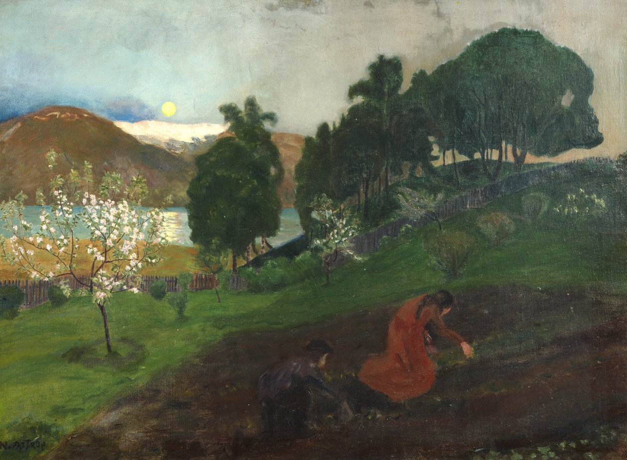 Noche de primavera en el jardín (Trabajo nocturno en el jardín) de Nikolai Astrup
