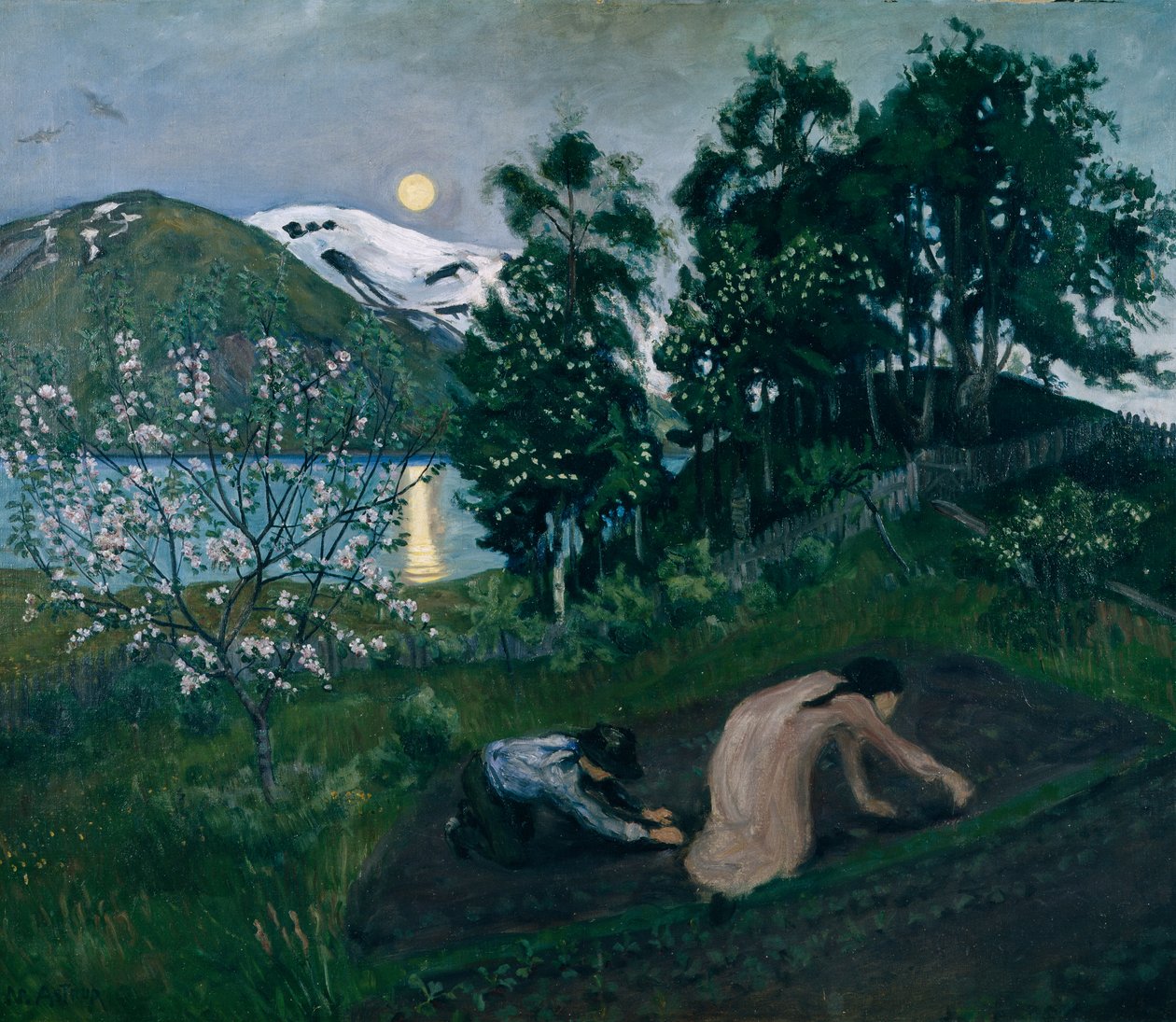 Noche de primavera en el jardín, Trabajo nocturno en el jardín de Nikolai Astrup