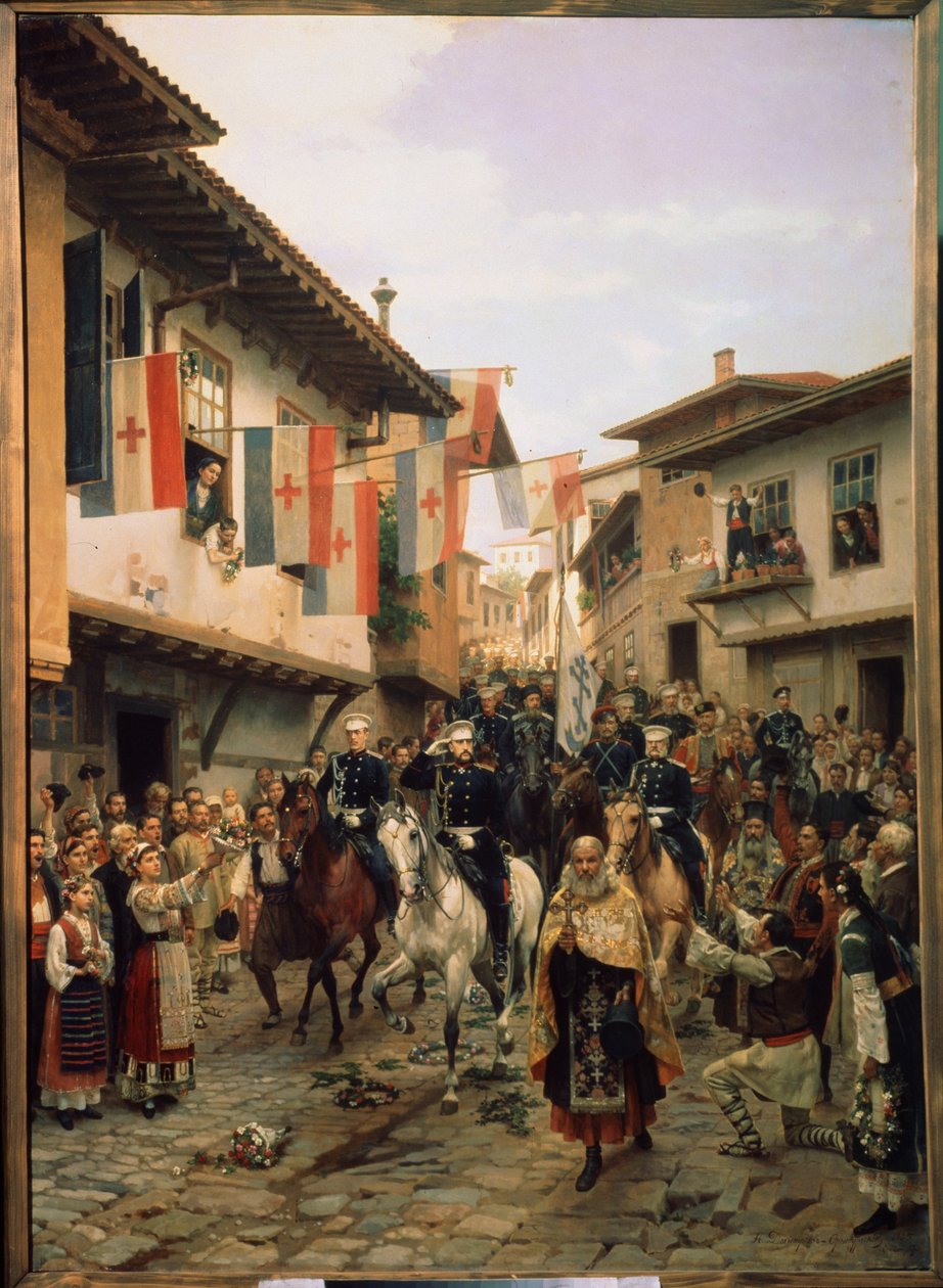 Guerra ruso-turca (ruso-turca) de 1877-1878: "El Gran Duque (Gran Duque) Nicolás Nikolaievitch de Rusia (Nicholas Nicolaievich el Viejo) (1831-1891) en Veliko Tarnovo el 03/06/1877 en Bulgaria" Pintura de Nikolai Dmitrievich Dmitriev Orenburgsky (D de Nikolai Dmitrievich Dmitriev Orenburgsky