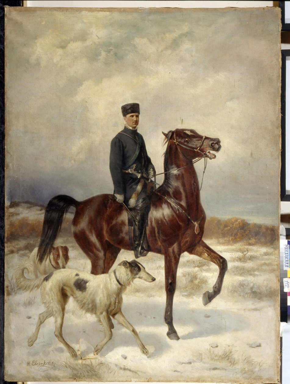 El Cazador (El Cazador). A caballo y acompañado de sus perros Barzoi (galgo ruso). Pintura de Nikolai Yegorovich Sverchkov (Nicolas Swertschkoff) (1817-1898), óleo sobre lienzo. arte ruso de Nikolai Egorevich Sverchkov