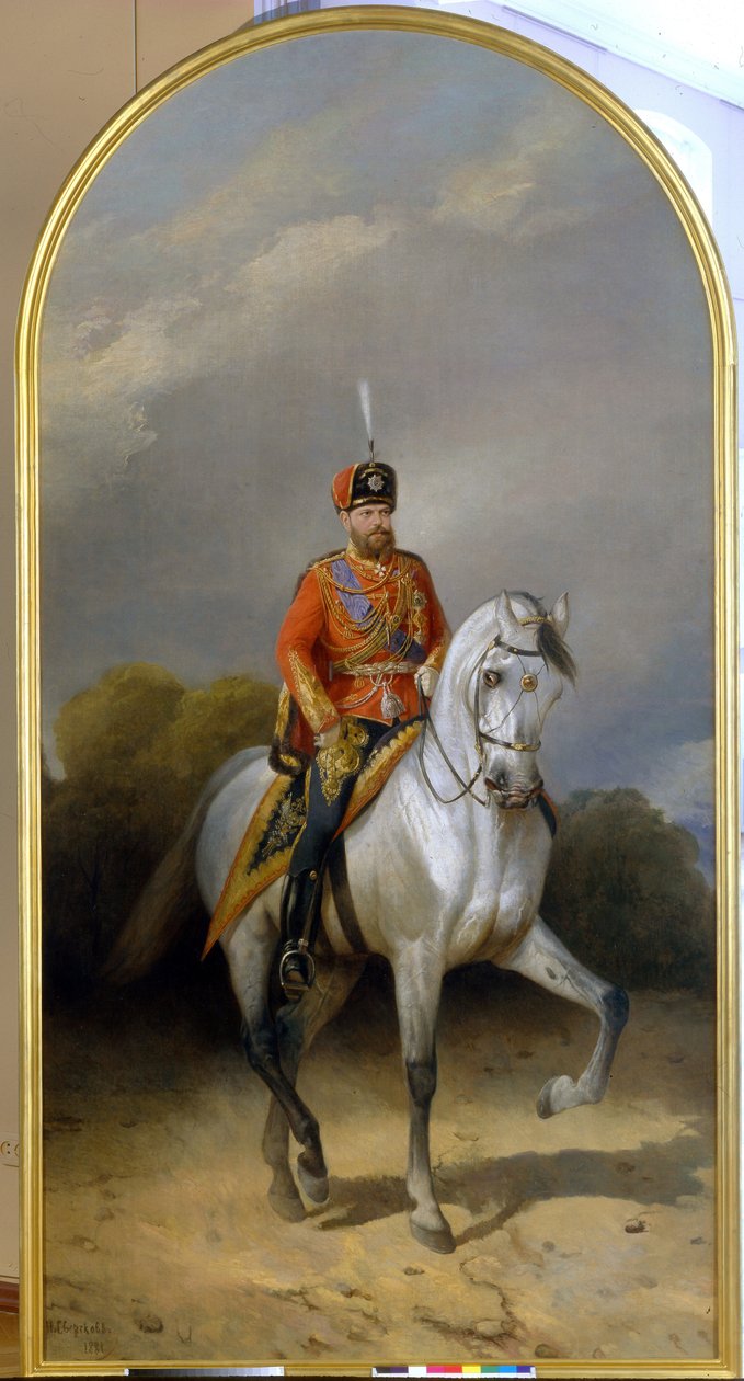 Retrato del Emperador Alejandro III (1845-1894) en uniforme del Regimiento de Hussard de la Guardia Imperial. (Retrato del emperador Alejandro III (1845-1894) con el uniforme del regimiento de húsares de la Guardia Leib). Pintura de Nikolai Yegorovich Sver de Nikolai Egorevich Sverchkov