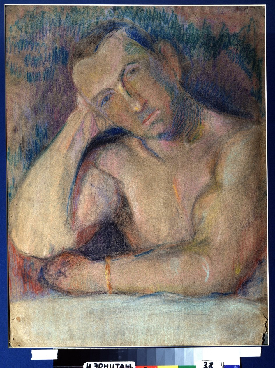 Portrait du poete Benedikt Livchits (1886-1939) (Retrato del poeta Benedikt Livshits) - Represente torse nu, la tete penchee, posee dans sa main - Oeuvre de Nikolai Ivanovich Kulbin (Nicolas Koulbine) (1868-1917), pastel sur papier de Nikolai Ivanovich Kulbin