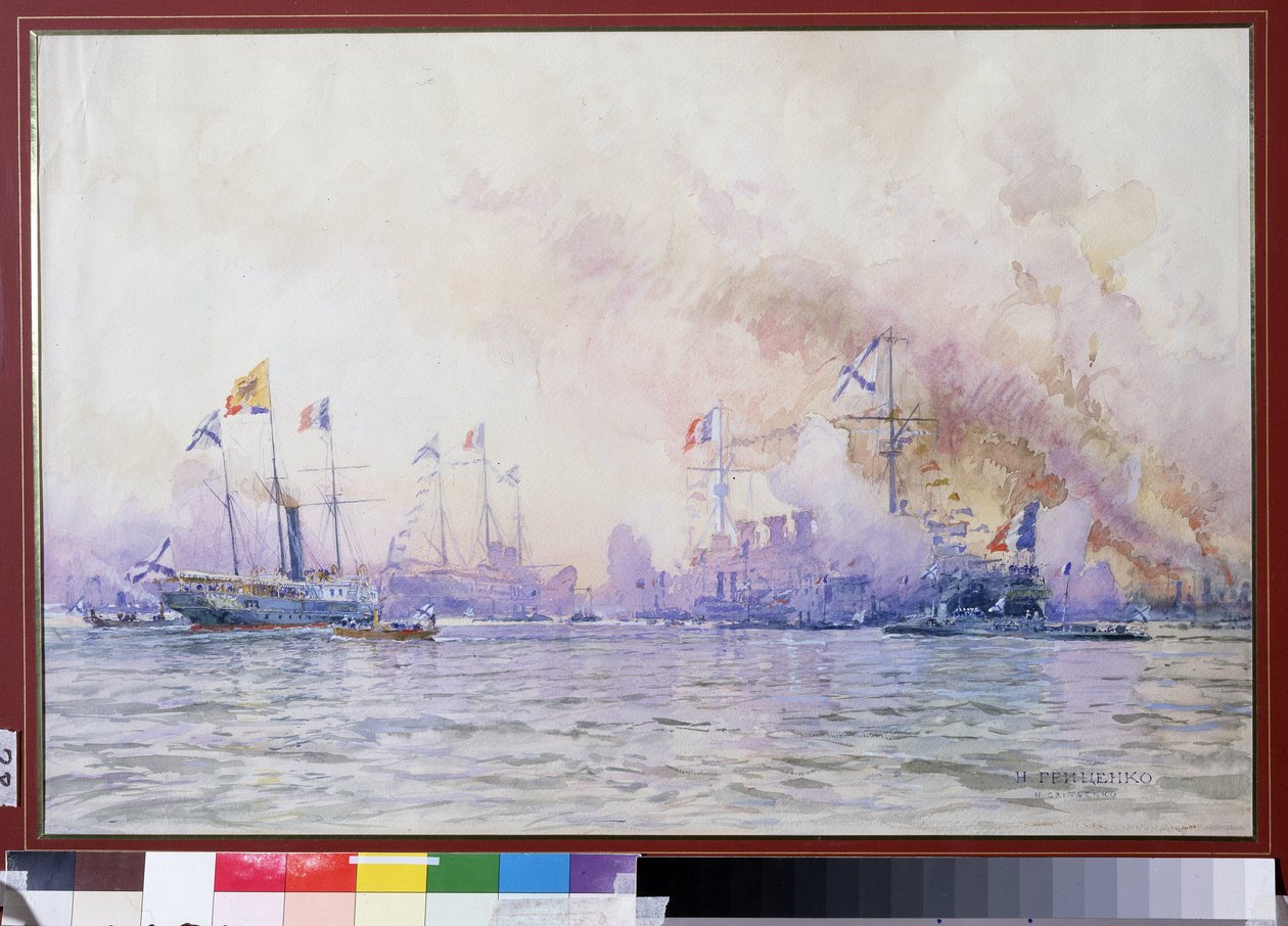 Llegada de la escuadra francesa a Krondstadt en 1893. Paisaje marítimo, con descripción realista de las fuerzas navales francesas (buques de guerra, fragatas y corbetas), tras la alianza franco-rusa de Nikolai Nikolaevich Gritsenko