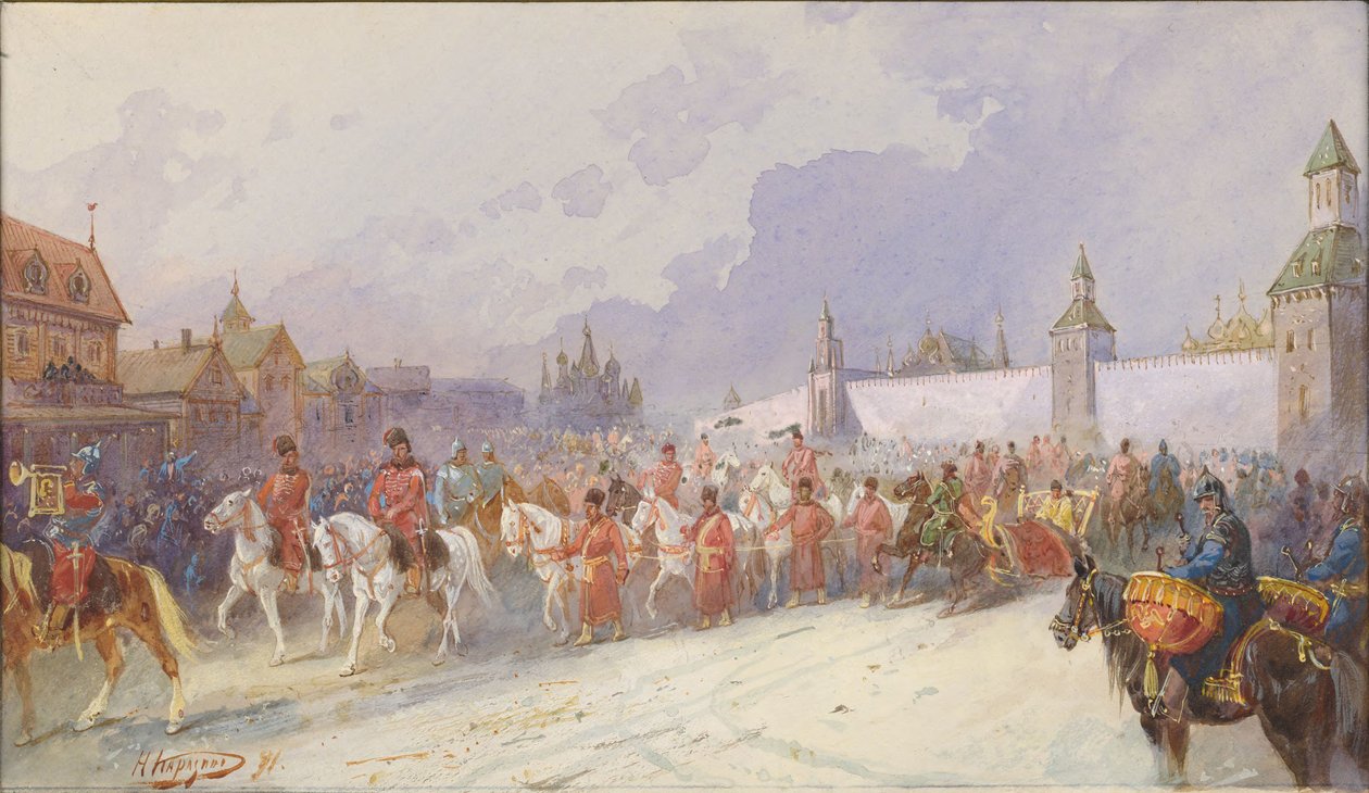 Entrada de la familia capturada de Kuchum Khan en Moscú. 1599, 1891 de Nikolai Nikolayevich Karasin