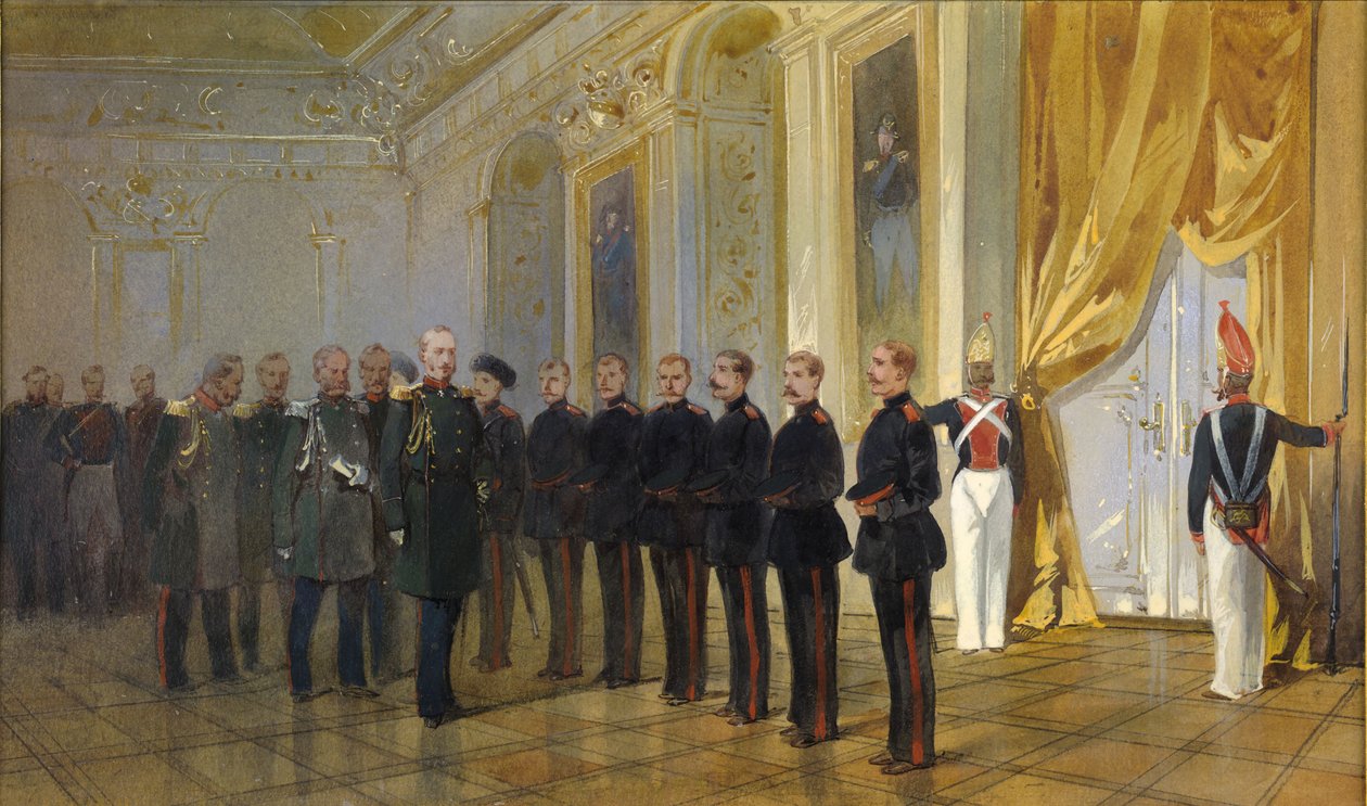 La presentación del regimiento cosaco siberiano al emperador Nicolás I en 1833 de Nikolai Nikolayevich Karasin