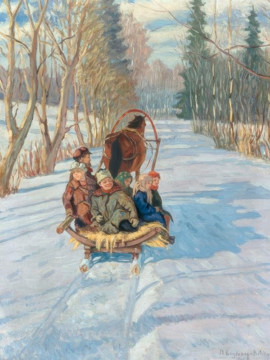 Niños en un trineo tirado por caballos de Nikolai P. Bogdanow Bjelski