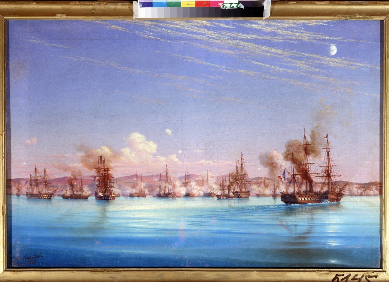 Bombardeo de Sebastopol desde la escuadra francesa británica en 1854. Episodio del asedio de la ciudad de 1854 a 1855, durante la Guerra de Crimea entre la coalición de los imperios otomano, francés y británico. de Nikolai Pavlovich Krasovsky