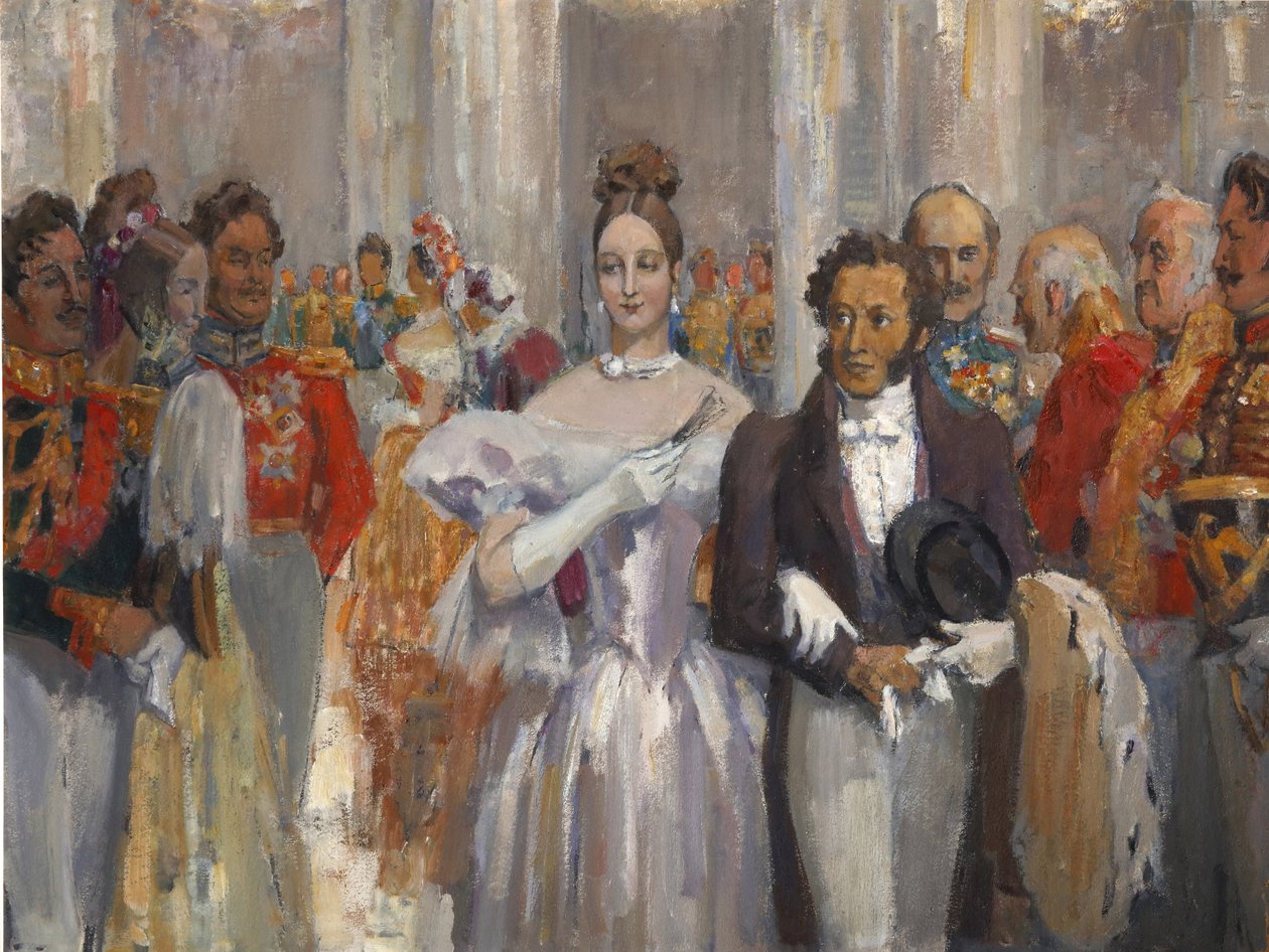Aleksandr Pushkin con su esposa en el baile de Nikolai Pavlovich Ulyanov