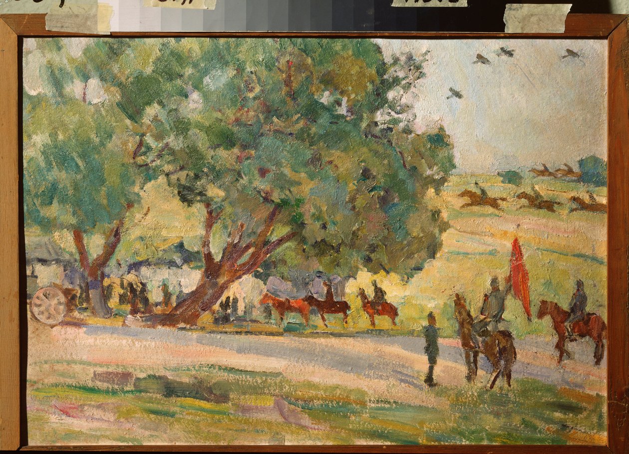 Maniobras militares cerca de Moscú - por Nikolai Pavlovich Ulyanov (1875-1949), óleo sobre tabla de Nikolai Pavlovich Ulyanov