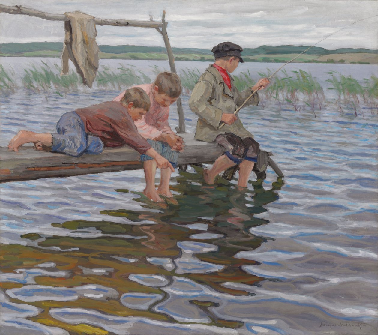 Niños pescando desde un muelle de Nikolai Petrovich Bogdanov Belsky
