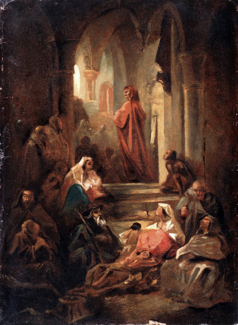 Une scene de la vie de Dante Alighieri (1265-1321) (Una escena de la vida de Dante Alighieri). Oeuvre de Nikolai Petrovich Lomtev (1816-1859), huile sur carton de Nikolai Petrovich Lomtev