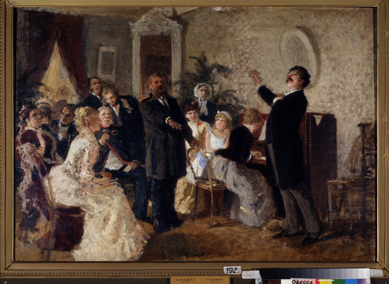 Dúo (Cantantes dando un concierto en un salón privado). Pintura de Nikolai Petrovich Zagorsky (1849-1893), óleo sobre lienzo. Arte ruso de Nikolai Petrovich Zagorsky