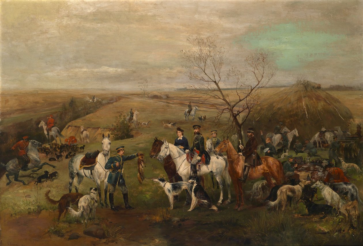 Partida de caza con el Emperador Alejandro III y la Emperatriz María Feodorovna, 1880s de Nikolai Semyonovich Samokish