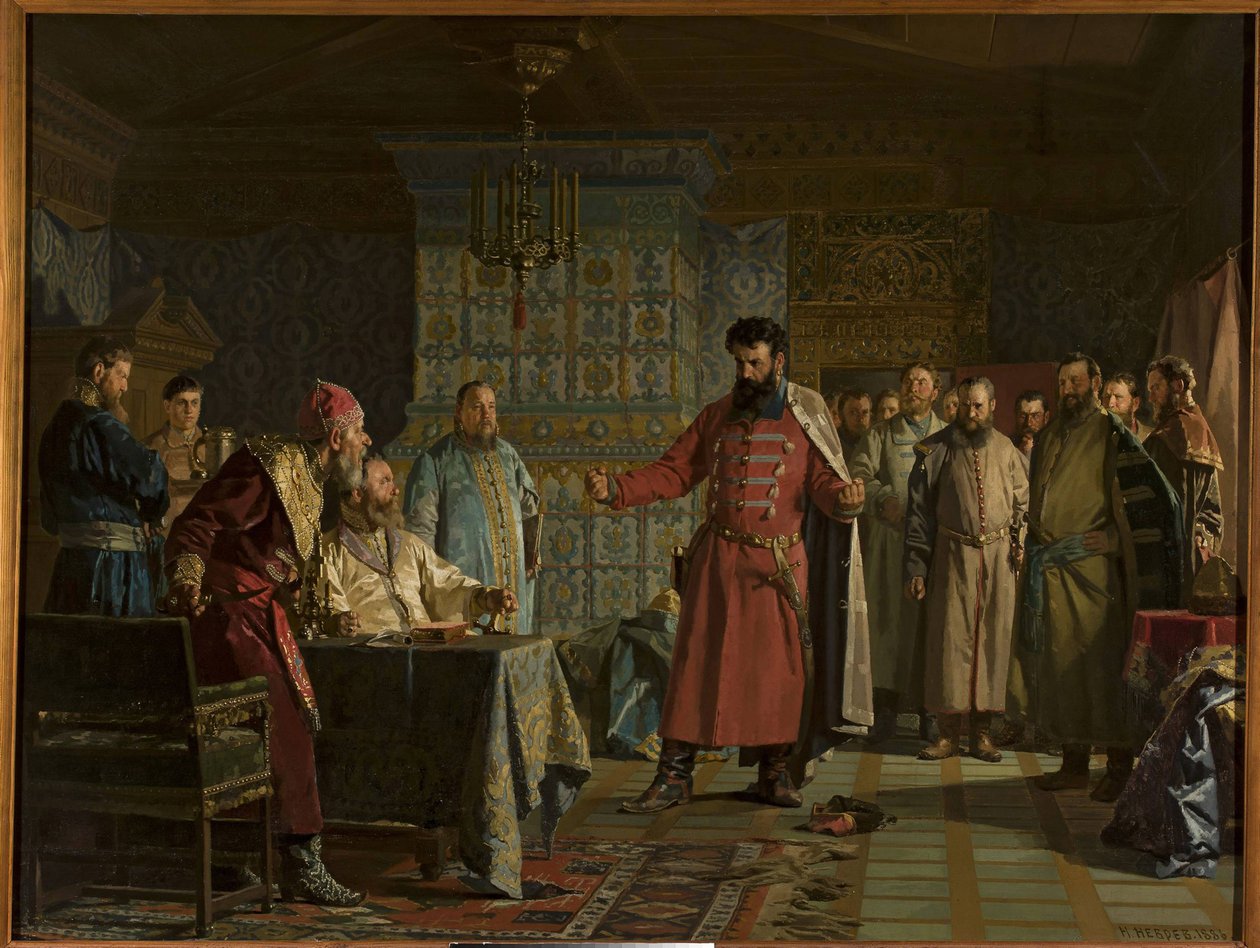 La disputa de Zakhary Petrovich Lyapunov con el zar Vasili Shuisky en el Kremlin de Nikolai Vasilievich Nevrev