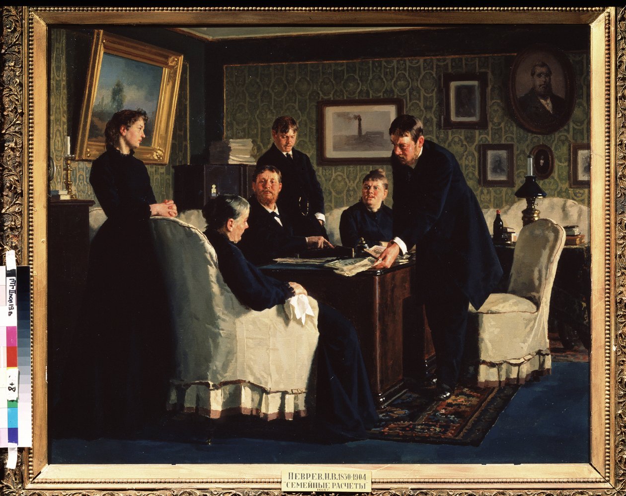 Las cuentas familiares. Pintura de Nikolai Vasilyevich Nevrev (1830-1904), óleo sobre lienzo de Nikolai Vasilievich Nevrev