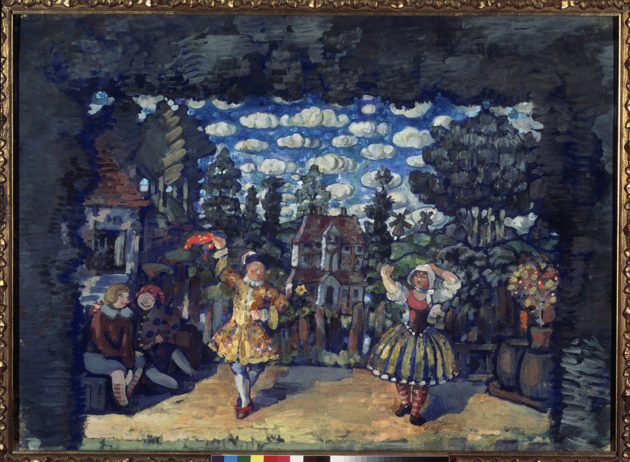 Hotel en el Toro Verde. Decoración preparatoria para la obra ""Dutchwoman Lisa"" de Mikhail Kouzmine (1875-1936). Obra de Nikolai Nikolayevich Sapunov (Sapunov) (1880-1912), témpera sobre cartón de Nikolaj Nikolaevic Sapunov