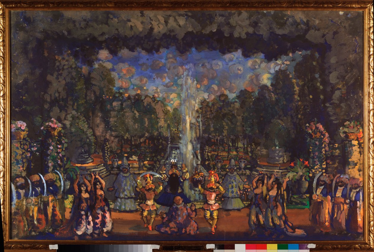 La ceremonia turca. Decoración preparatoria para la obra ""Le bourgeois gentilhomme"" de Moliere (1622-1673). Obra de Nikolai Nikolayevich Sapunov (Sapunov) (1880-1912), témpera sobre lienzo de Nikolaj Nikolaevic Sapunov