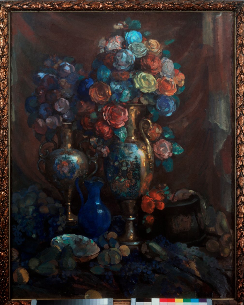 Nature morte (Jarrones, flores y frutas) - Naturaleza muerta (Jarrones, flores y frutas) - Obra de arte de Nikolai Nikolayevich Sapunov (Sapunov) (1880-1912), témpera sobre lienzo de Nikolaj Nikolaevic Sapunov