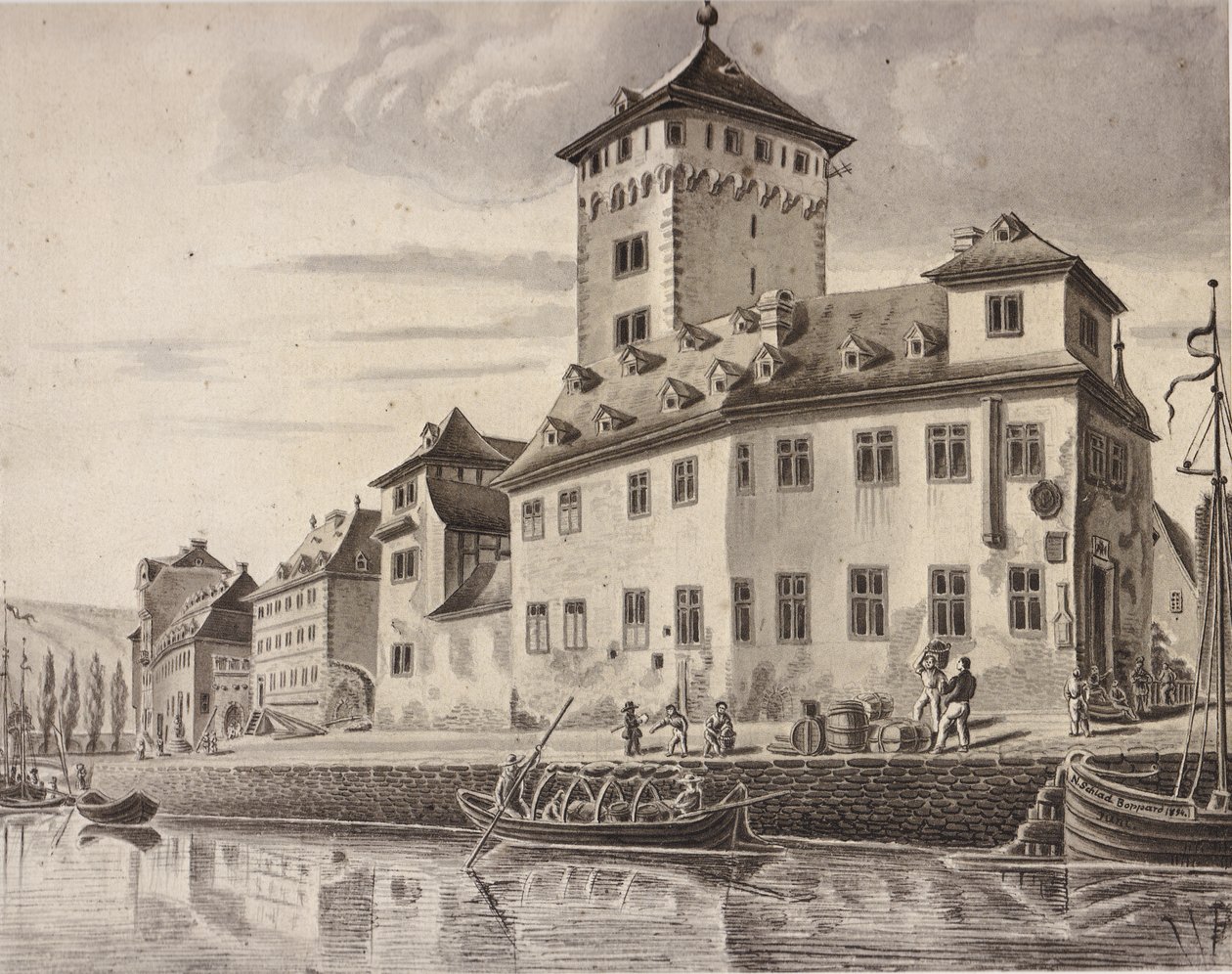 Castillo - Frente al Rin del castillo electoral de Boppard alrededor de 1854 de Nikolaus Schlad