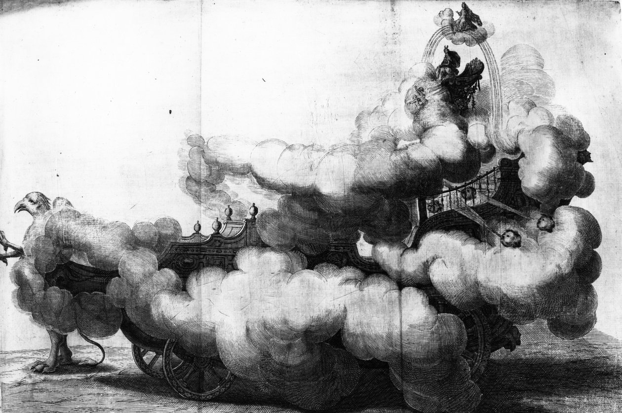 Un carruaje tirado por grifos y conducido por Carlo di Lorenzo, dibujado por Carlo Pasetti, grabado por Gerhart Bouttats de Nikolaus van Hoy