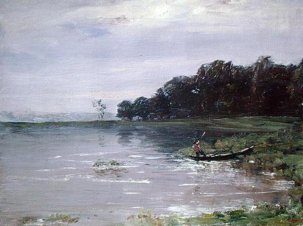 Paisaje con barco, atardecer de Nikolay Nikanorovich Dubovskoy