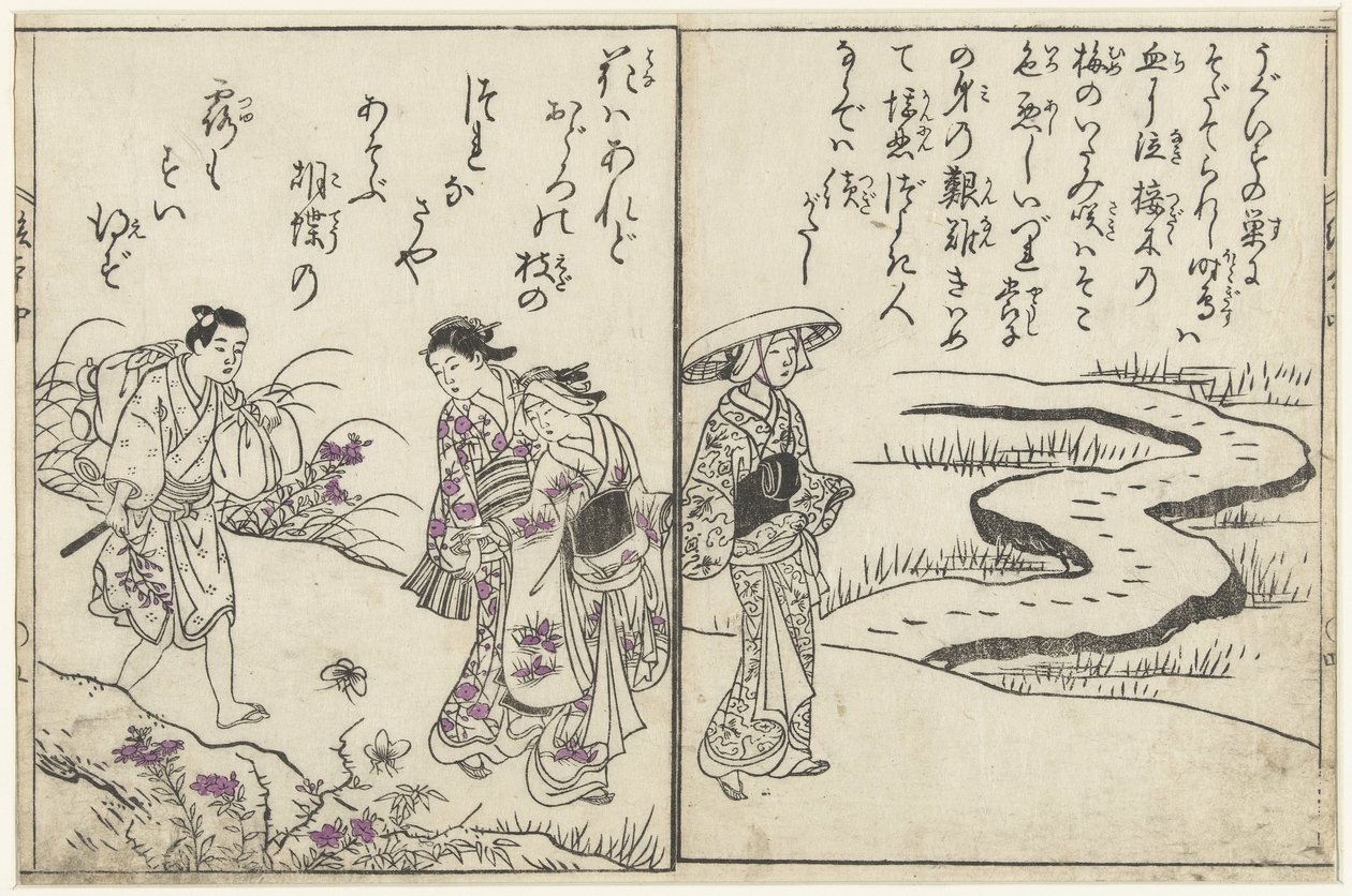 Excursionistas en un paisaje con flores. de Nishikawa Sukenobu (attributed to)