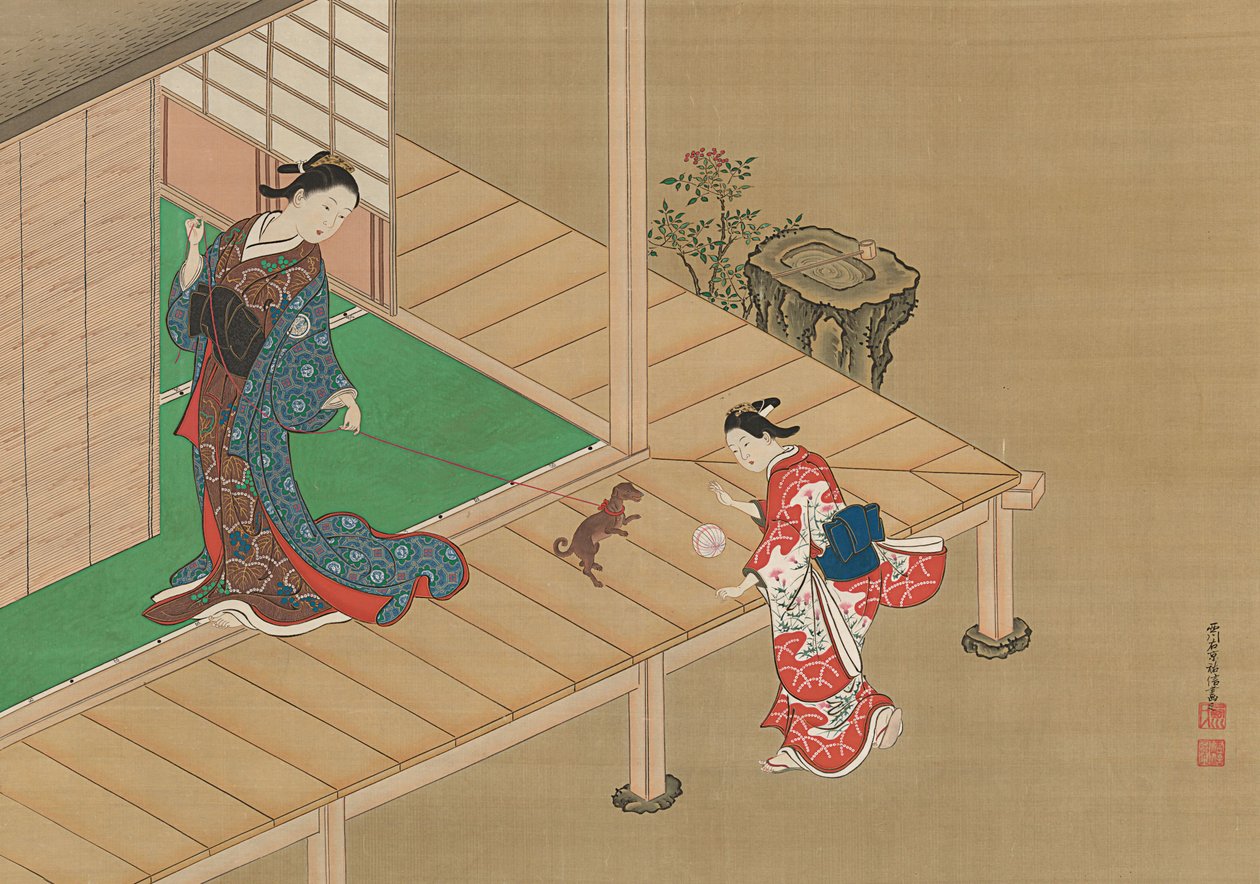 Cortesana y asistente jugando con un perro de Nishikawa Sukenobu
