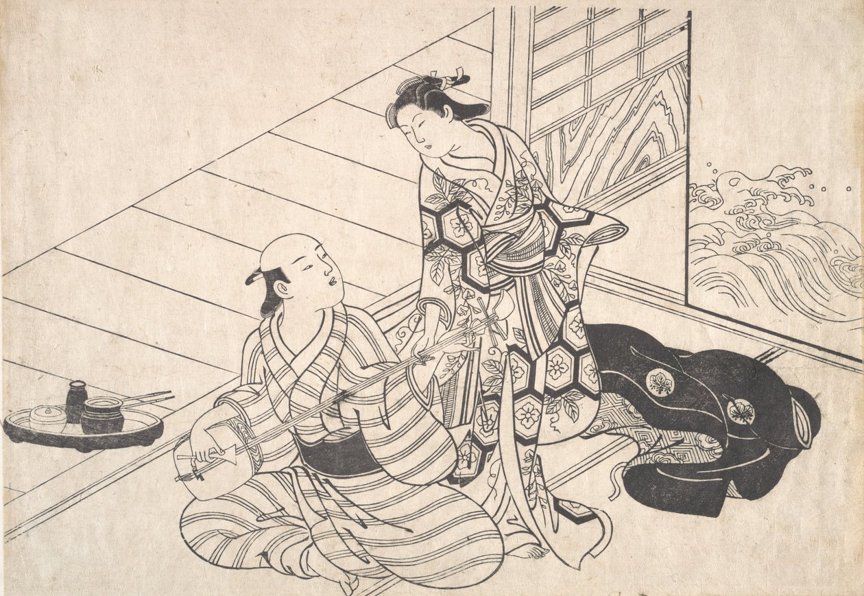 Dama Interrumpiendo a su Amante, quien está Tocando el Shamisen de Nishikawa Sukenobu