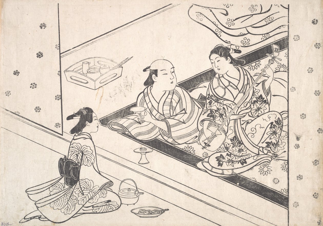 Dama tocando el shamisen, con su amante y asistente cerca de Nishikawa Sukenobu