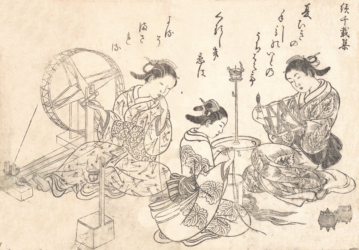 Tres cortesanas tejiendo seda de Nishikawa Sukenobu