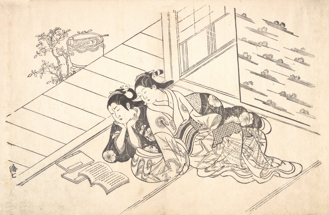 Dos mujeres reclinadas en el suelo de una habitación leyendo un libro, ca. 1730 de Nishikawa Sukenobu