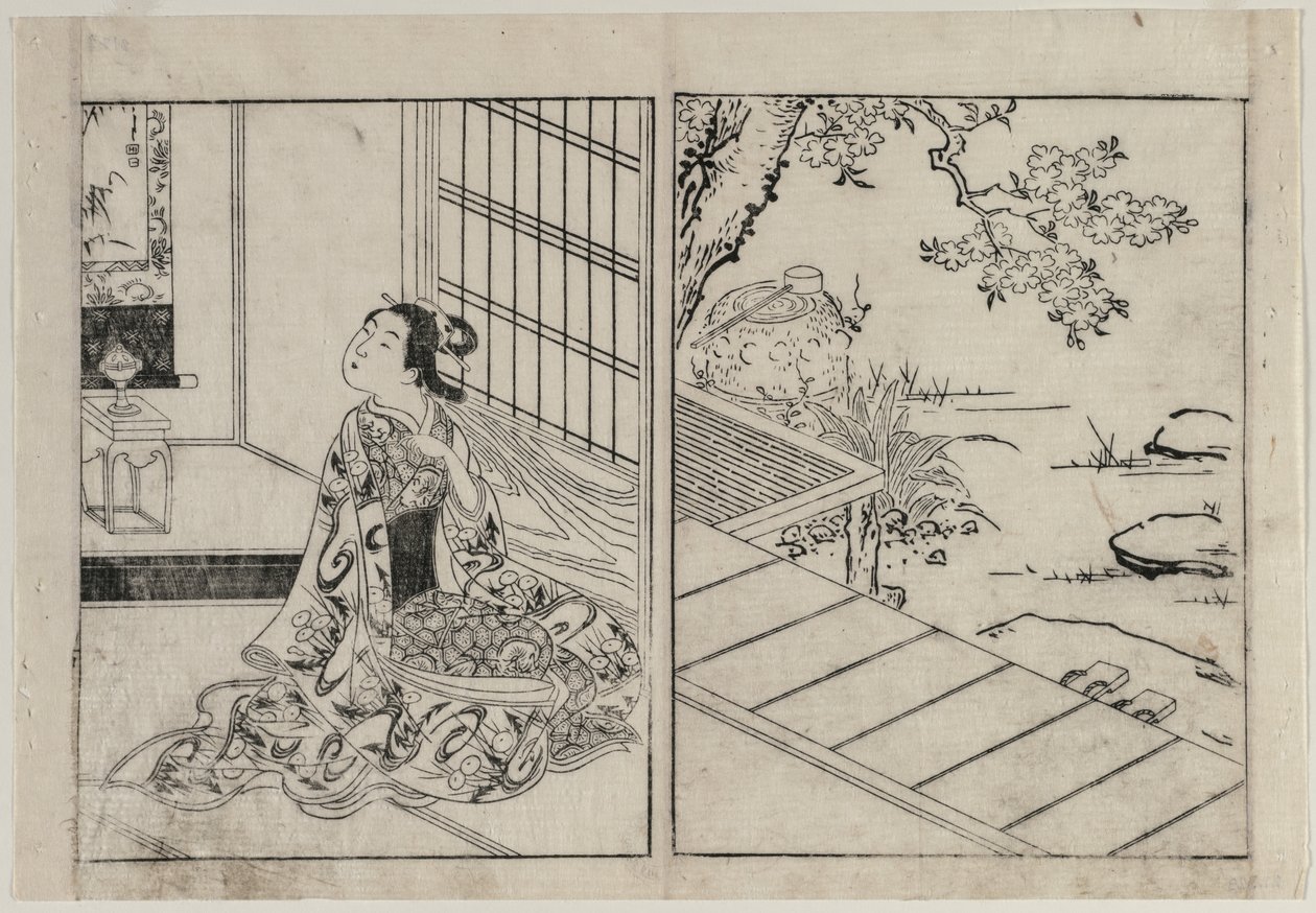 Mujer mirando un pergamino colgante de Nishikawa Sukenobu