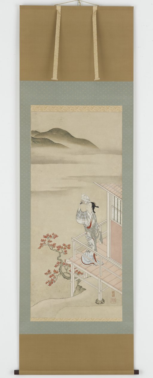 Joven mujer con un abanico en una veranda admirando arce, siglo XVII-XVIII de Nishikawa Sukenobu