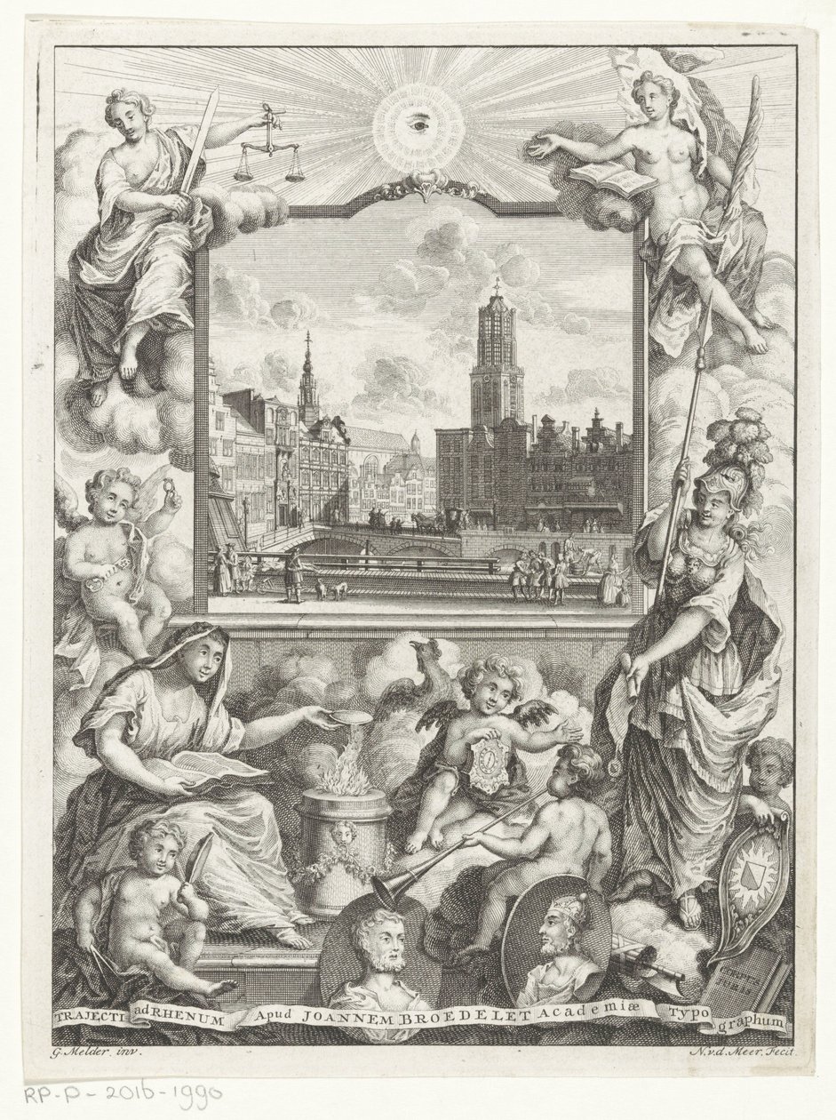 Stadsgezicht met Domkerk te Utrecht en allegorie met Utrechtse stedenmaagd Titelpagina voor: Elias de Vries, Dissertatio juridica, de jure naturale ac gentium, seu duobus prioribus juris fontibus, 1745. de Noach van der Meer (I)