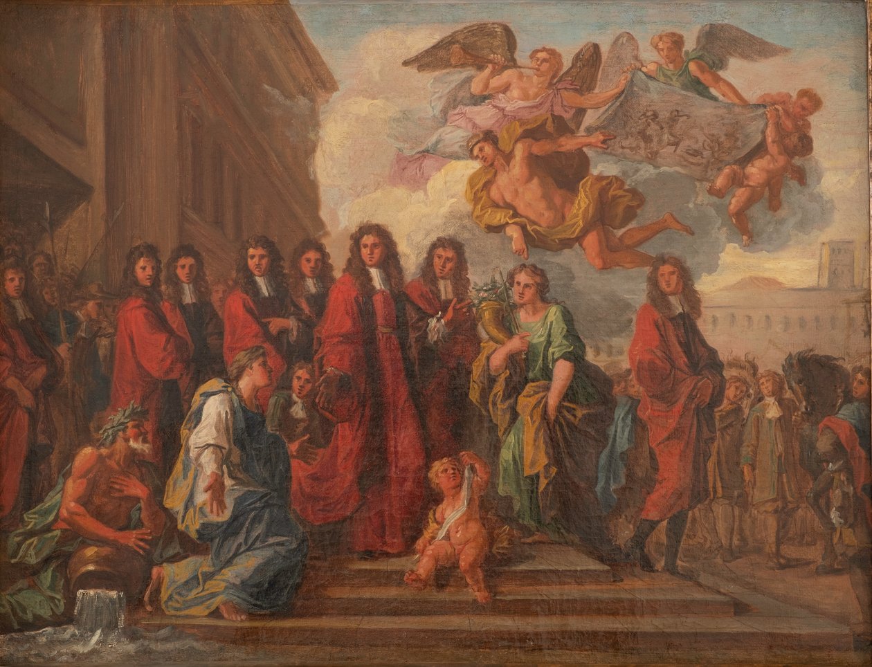 Los concejales de París salen del Hotel de Ville hacia Notre Dame para dar gracias tras la victoria de Seneffe en 1674, c.1681 (óleo sobre lienzo) de Noël Coypel