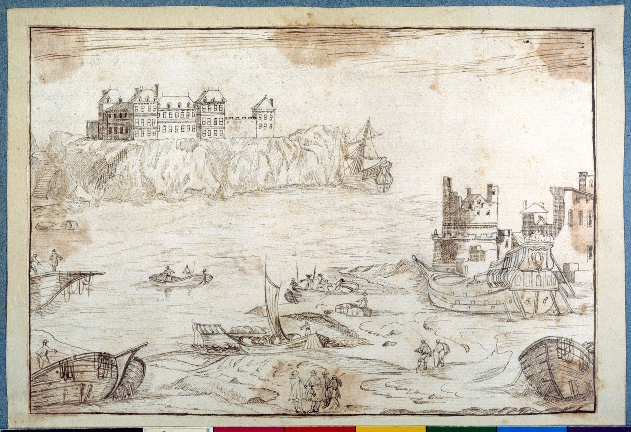 Un castillo sobre acantilados, con estudios de galeones y barcos de pesca de Noel Gasselin