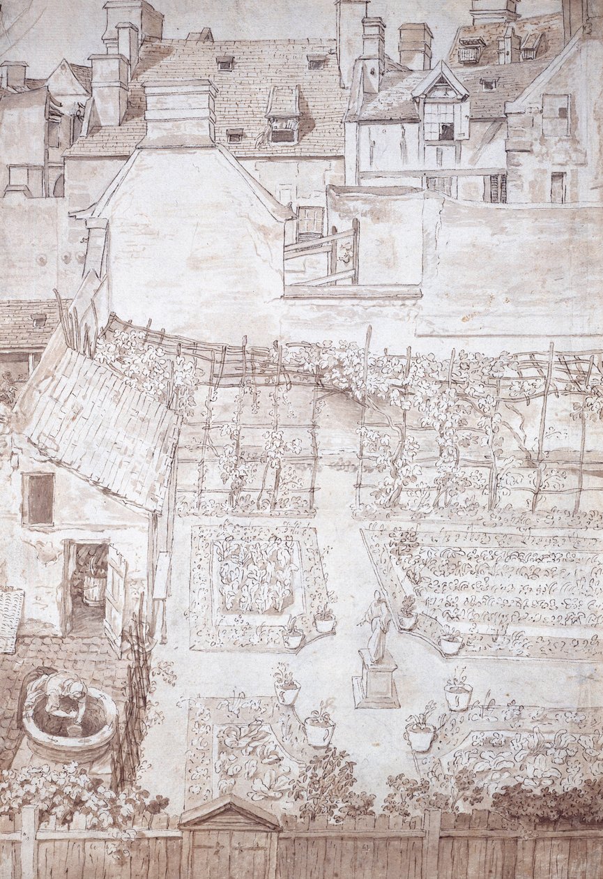 Un jardín de una casa de ciudad, con parterres y pérgola de vid, rodeado de edificios, c.1677 de Noel Gasselin