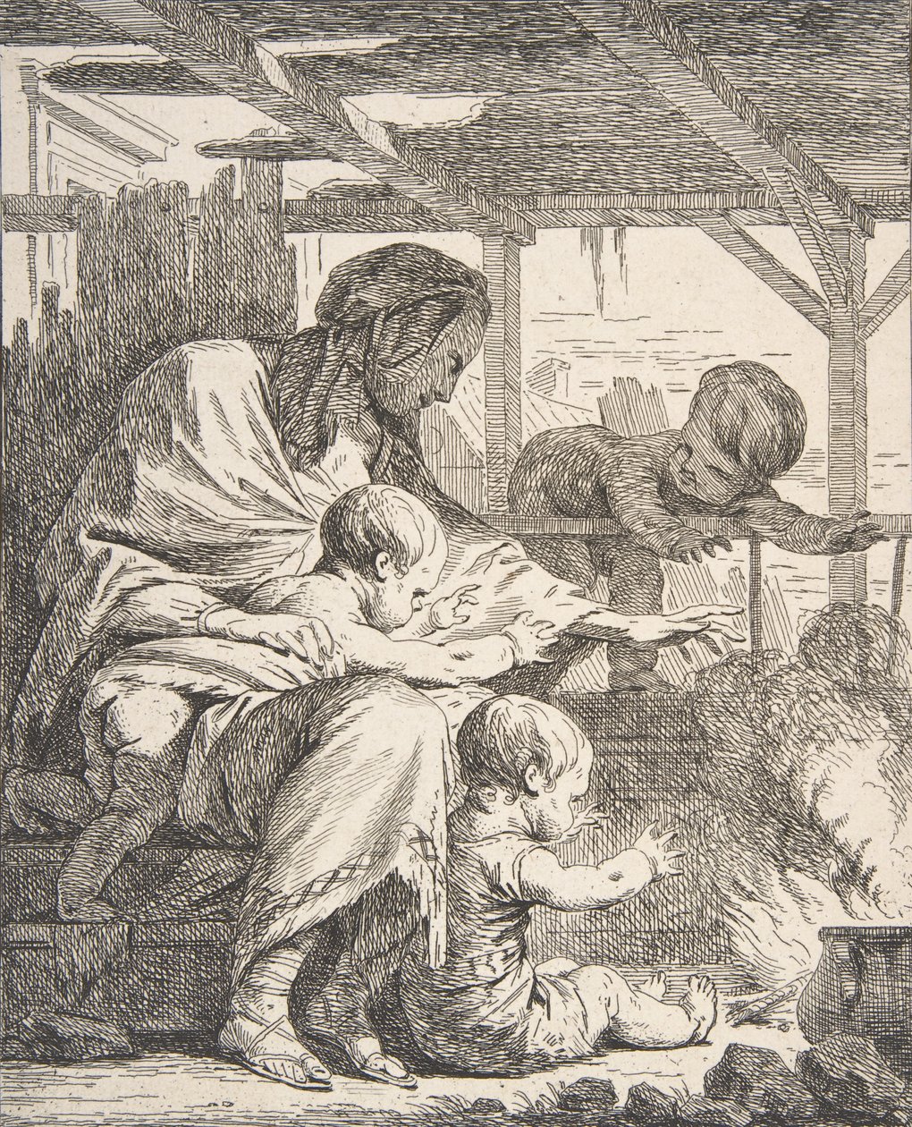 Familia calentando sus manos junto a un fuego, siglo XVIII de Noel Halle