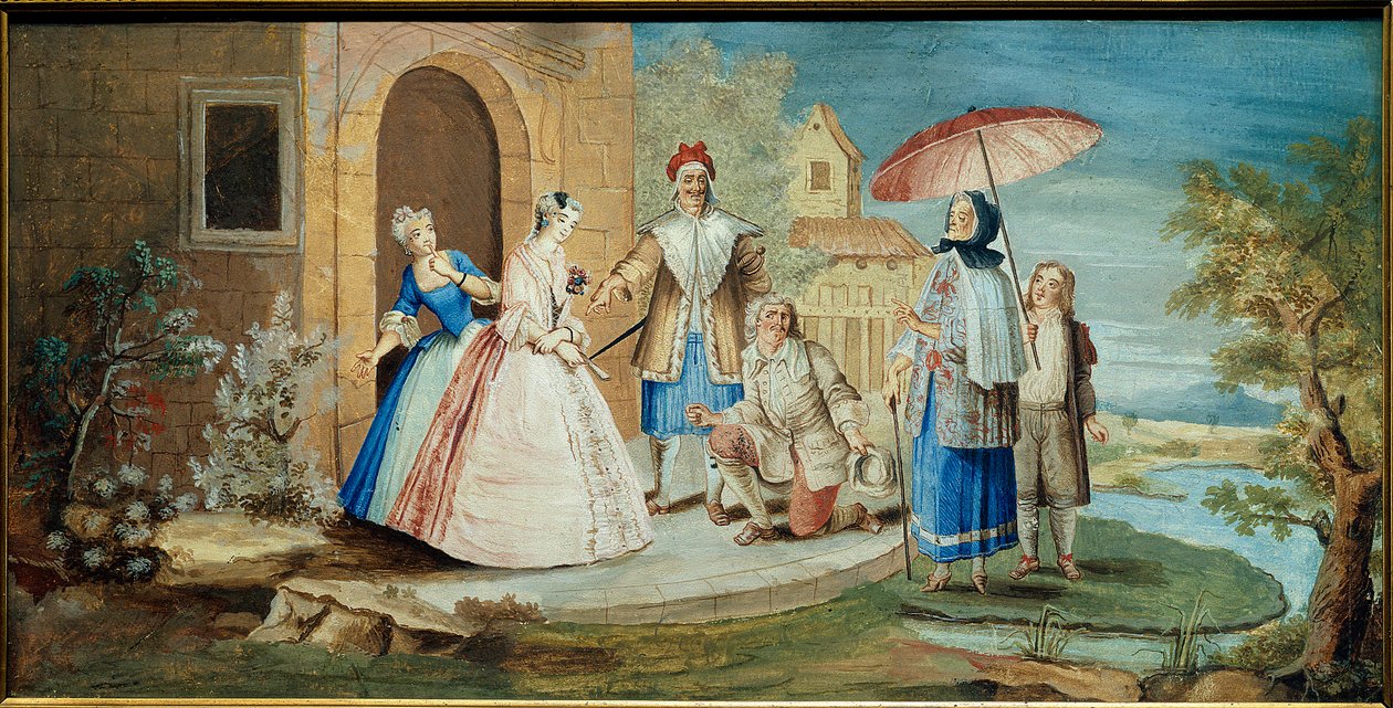 Comediante y dramaturgo Jean Baptiste Poquelin dit Molière y sus comediantes en la obra Georges Dandin ou le mari confondu de Noël Coypel
