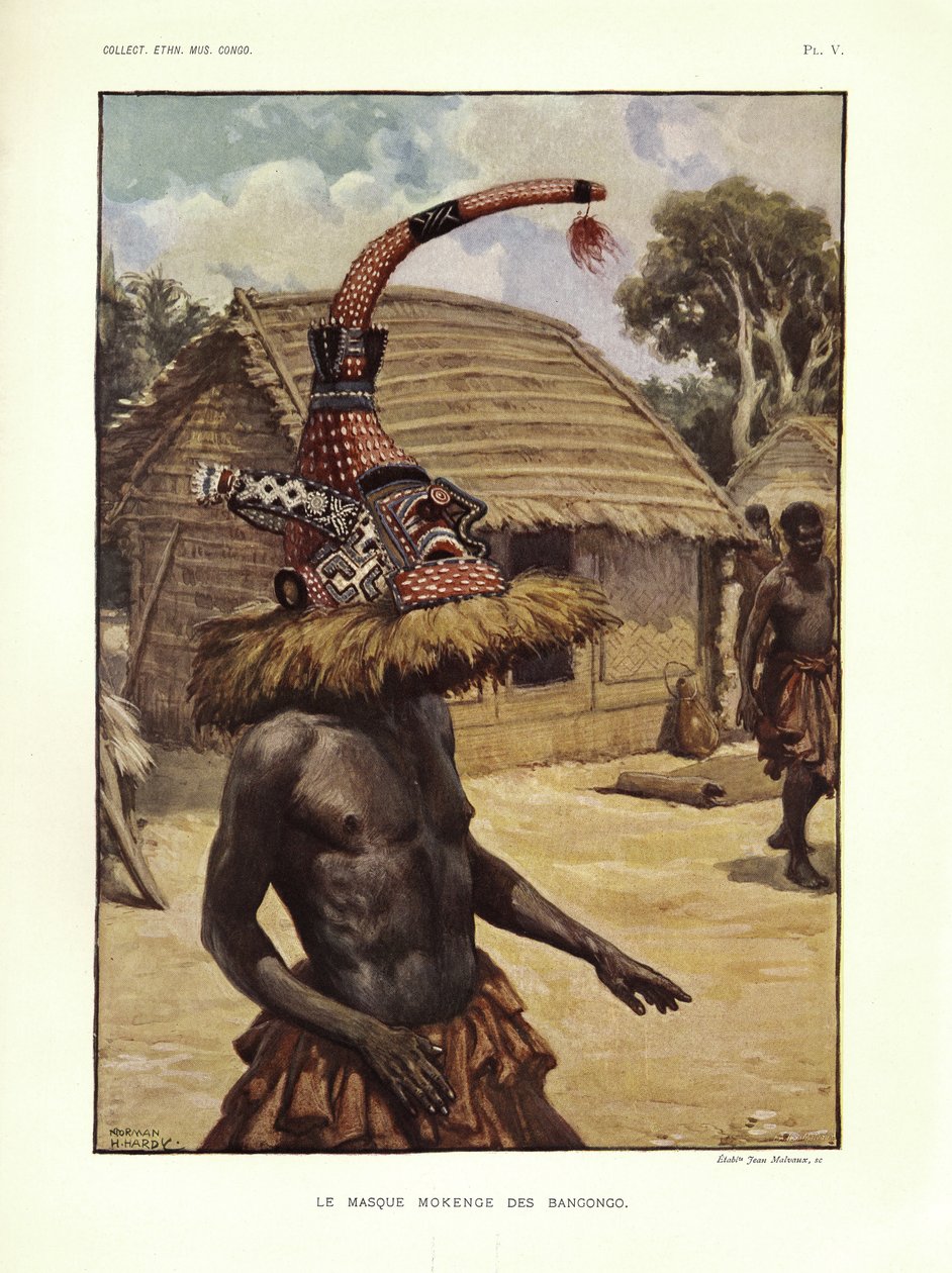 Le Masque mokenge des Bangongo, ilustración de "Notas etnográficas sobre los pueblos comúnmente llamados Bakuba...", por Emil Torday de Norman Hardy