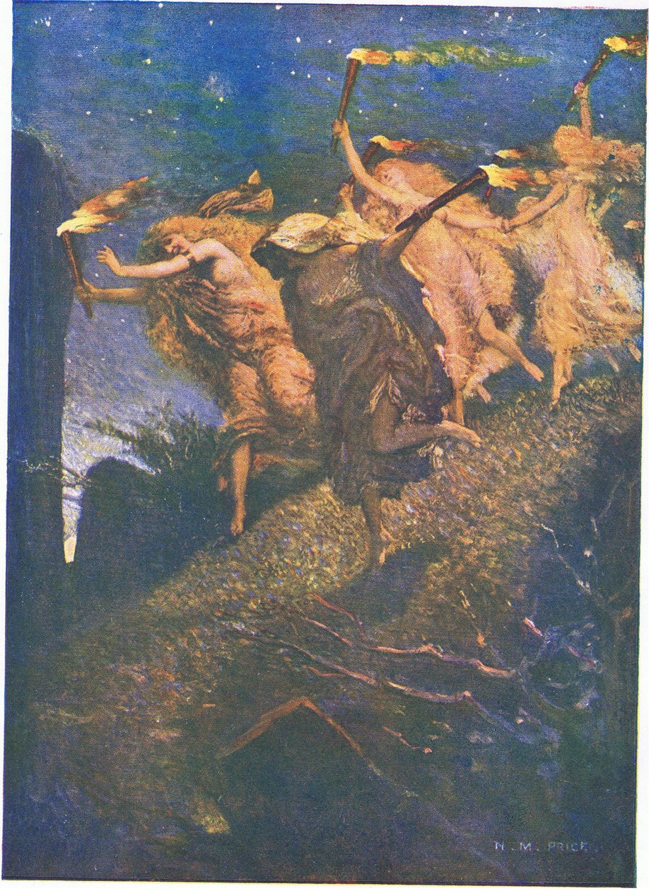Primera Noche de Walpurgis: "A través de la penumbra guiar y seguir, dentro y fuera de cada hueco rocoso" (litografía en color) de Norman Mills Price