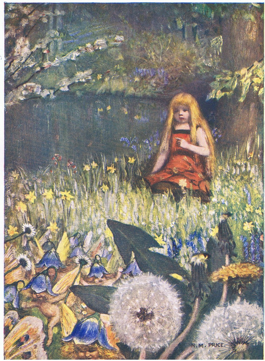 Las campanas de mayo y las flores: "Ahora sé que puedo quedarme más en casa, las campanas de mayo me llaman así (litografía en color) de Norman Mills Price