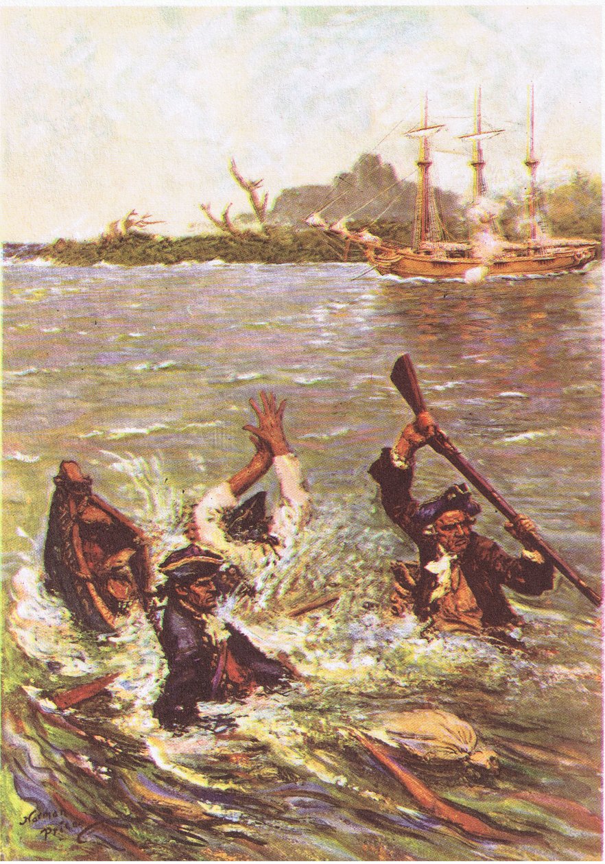 El barco se hundió por la popa en un metro de agua, de la Isla del Tesoro publicada por MacDonald 1947 (litografía en color) de Norman Mills Price