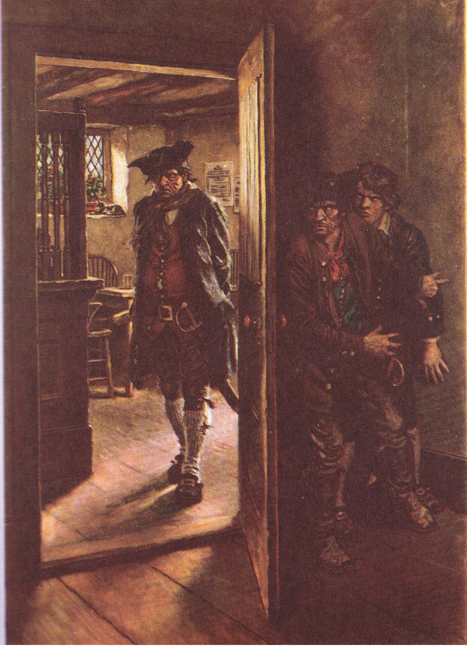 Los dos estábamos ocultos por la puerta abierta, de La isla del tesoro publicada por MacDonald 1947 (litografía en color) de Norman Mills Price