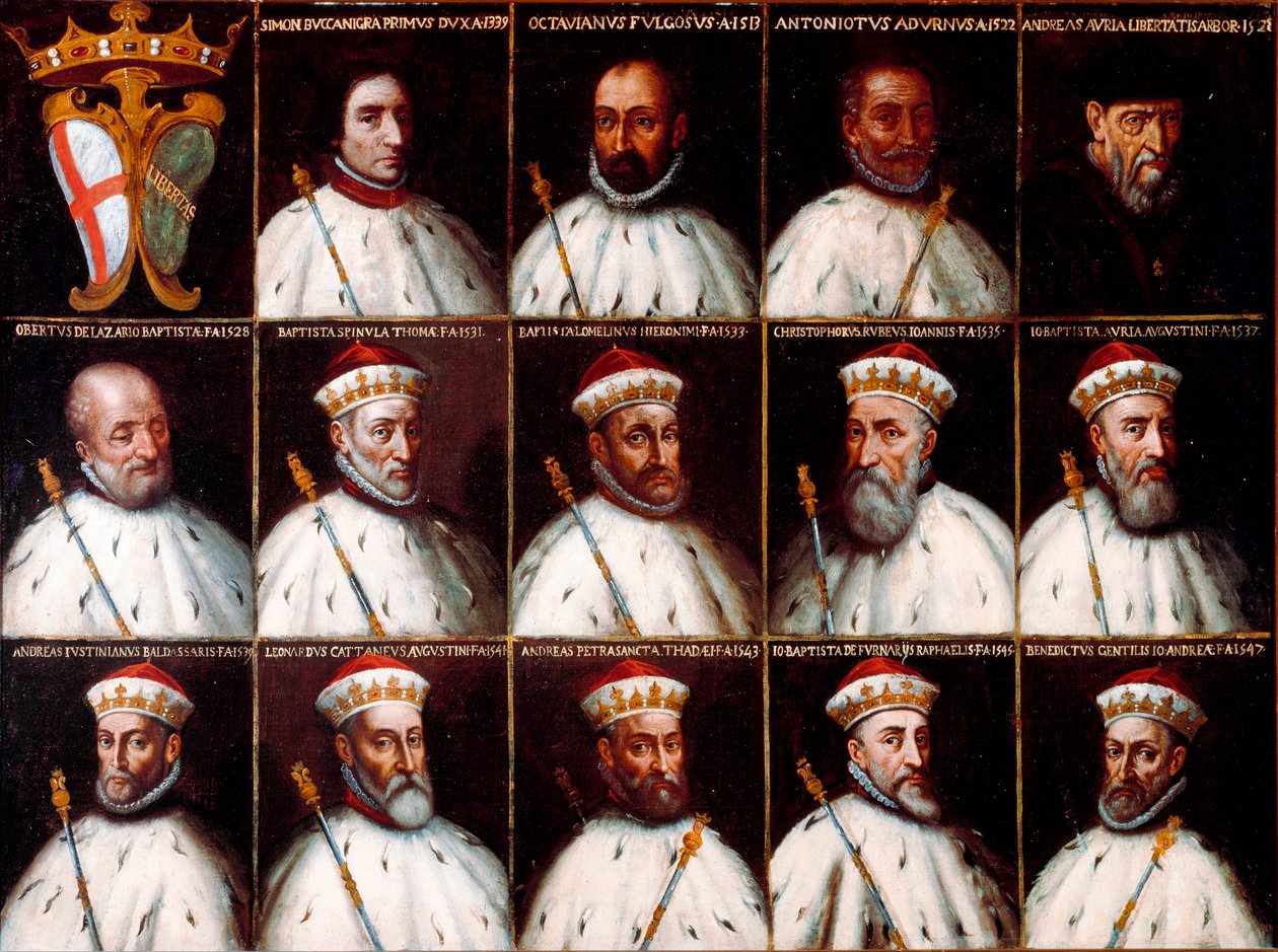 Escudo de armas de la República de Génova y retratos de los Dux - Simone Boccanegra, Ottaviano Fregoso y Antoniotto II Adorno; Andrea Doria. Oberto Cattaneo Lazzari, Battista Spinola, Battista Lomellini, Cristoforo Grilaldi Rosso, Giovanni Battista Doria de Northern Italian School