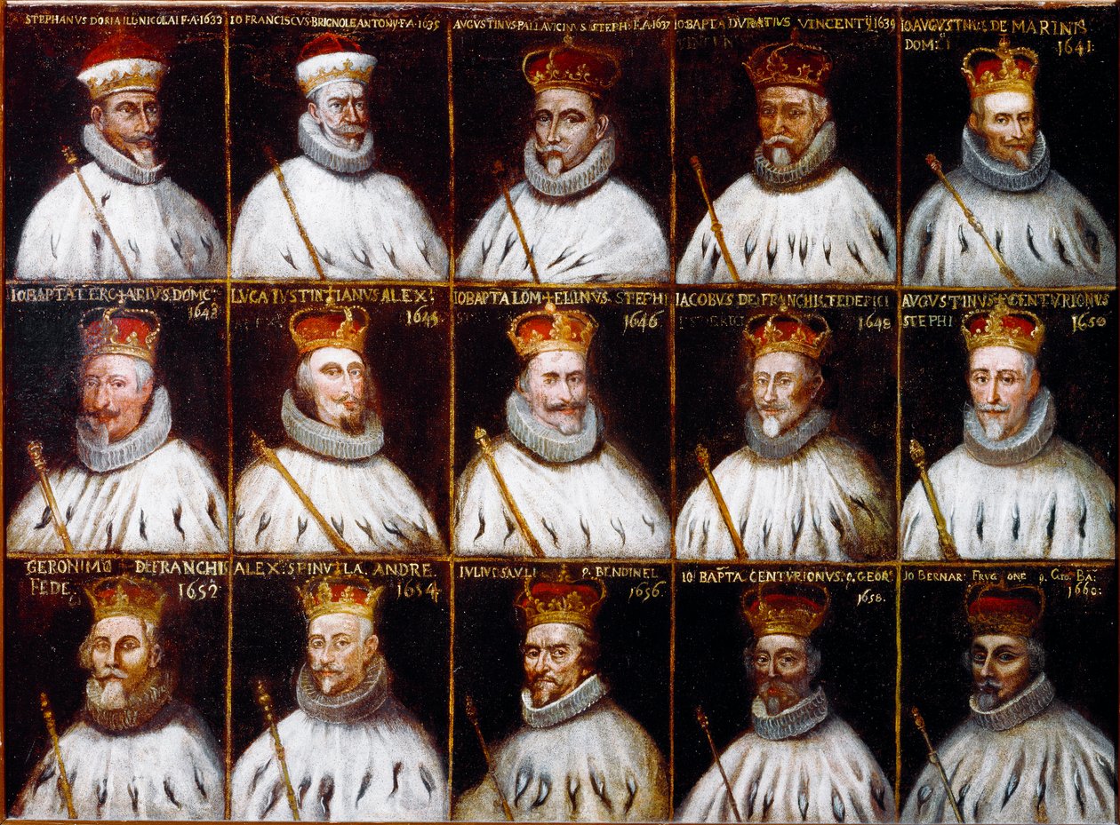 Escudo de armas de la República de Génova y retratos de los dogos. Giovanni Stefano Doria, Francesco Gio. Brignole Sale, Agostino Pallavicini, Giov.Battista Durazzo, Agostino Giovanni De Marini, Giovan Battista Lercari, Luca Giustiniani, Giovanni Battista  de Northern Italian School