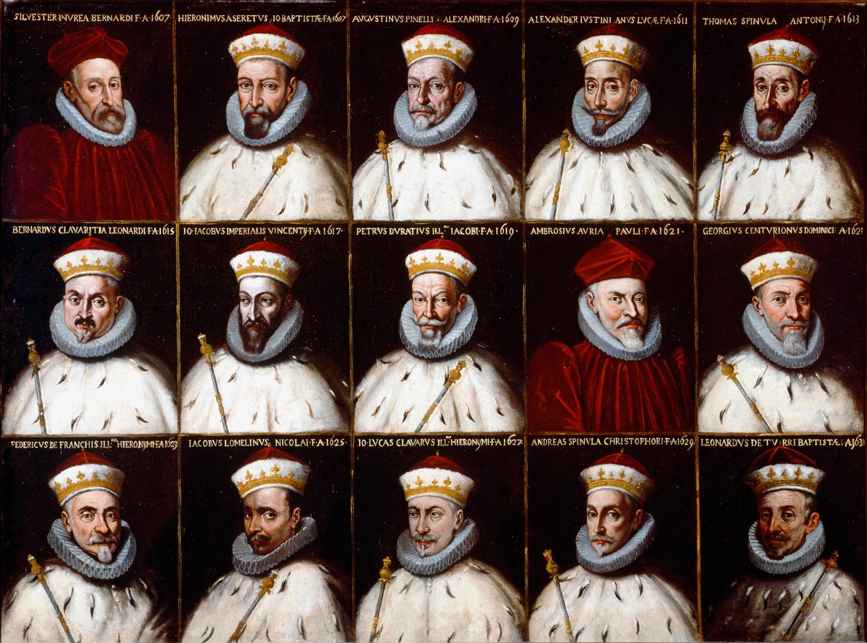 Escudo de armas de la República de Génova y retratos de los Dux. Silvestro Invrea, Gerolamo Assereto, Agostino Pinello Luciani, Alessandro Giustiniani Longo, Tomaso Spinola, Clavarezza Bernardo, Giovanni Giacomo Imperiale (Tartaro), Pietro Durazzo, Ambrogi de Northern Italian School