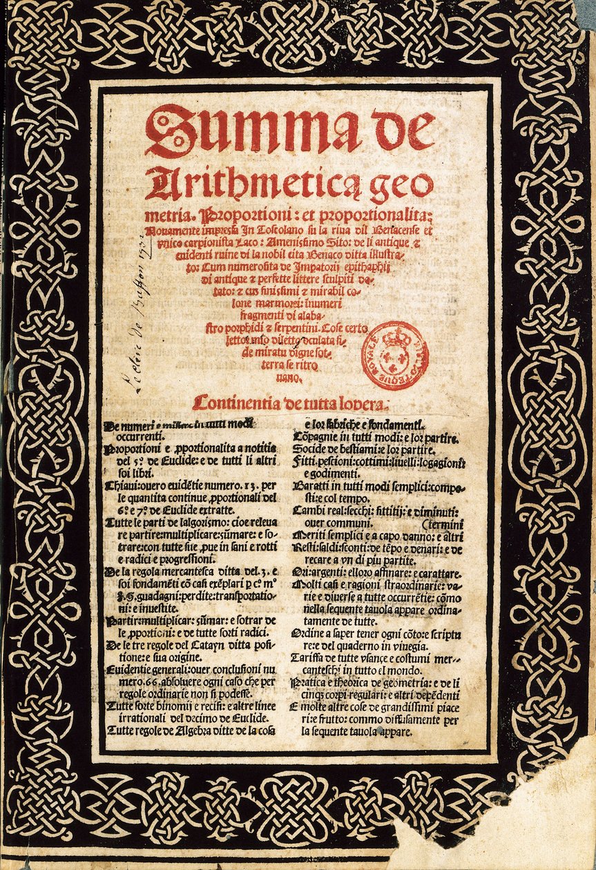Summa Arithmetica de Luca Pacioli de Northern Italian School